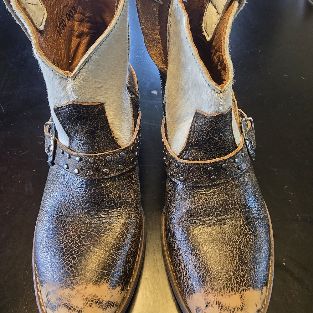 Sterling River Boots SRN6003 Western Cowhide Studded Buckle Brown White Womens 7
